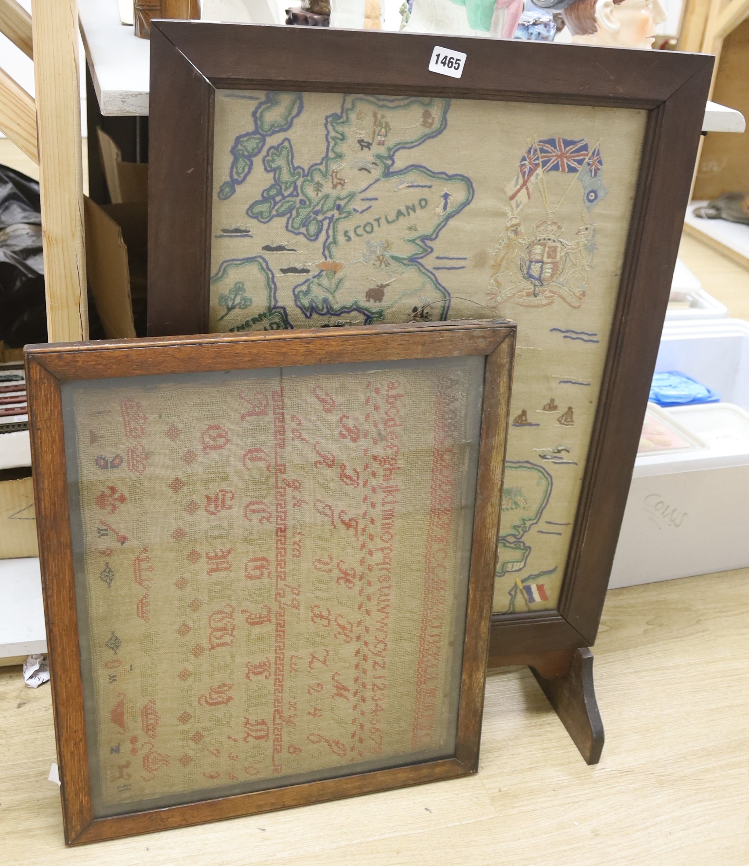 A Victorian alphabet sampler, 46 x 38cm, and a map sampler